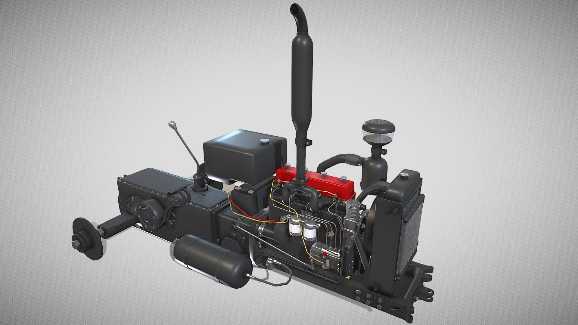 Highly detailed Tractor Drivetrain 3d model rendered with Cycles in Blender, as per seen on attached images.

The model is very intricately built, it has the transmission and engine, with cooling for oil and water, injection pump, fuel lines, compressed air circuit, electric circuit modeled.

The 3d model is scaled to original size in Blender.

File formats:

-.blend, rendered with cycles, as seen in the images;

-.obj, with materials applied;

-.dae, with materials applied;

-.fbx, with materials applied;

-.stl;

Files come named appropriately and split by file format.

3D Software:

The 3D model was originally created in Blender 2.8 and rendered with Cycles.

Materials and textures:

The models have materials applied in all formats, and are ready to import and render, note that some minimal adjustments might be needed to look best in the renderer of choice.

The models come with one png texture.

Preview scenes:

The preview images are rendered in Blender using its built-in render engine &lsquo;Cycles'.