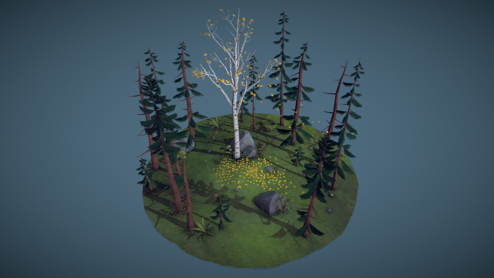 A small low poly forest scene I've been working on as an experiment with stylized models and handpainted textures. 

Some of the smaller plant models courtesy of luyssport: https://skfb.ly/697DD. 

Had a lot of fun working on this!