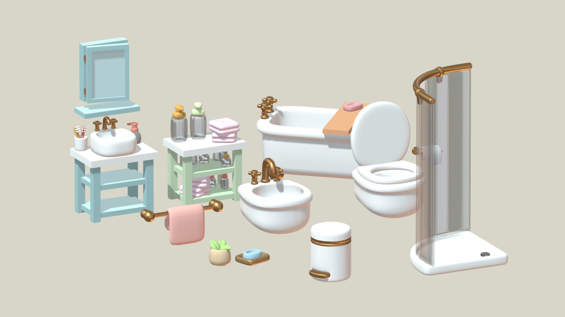 Bathroom objects pack: contains a bathtub, a shower, bathroom accessories, a toilet, a bidet, a sink, etc&hellip;

Hope you like it!