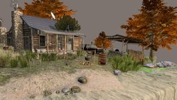 DAE Diorama - Forest Loner dae, fish, barrel, bird, cabin, diorama, fall, autumn, daehowest, lowpoly, house, wood, forestloner