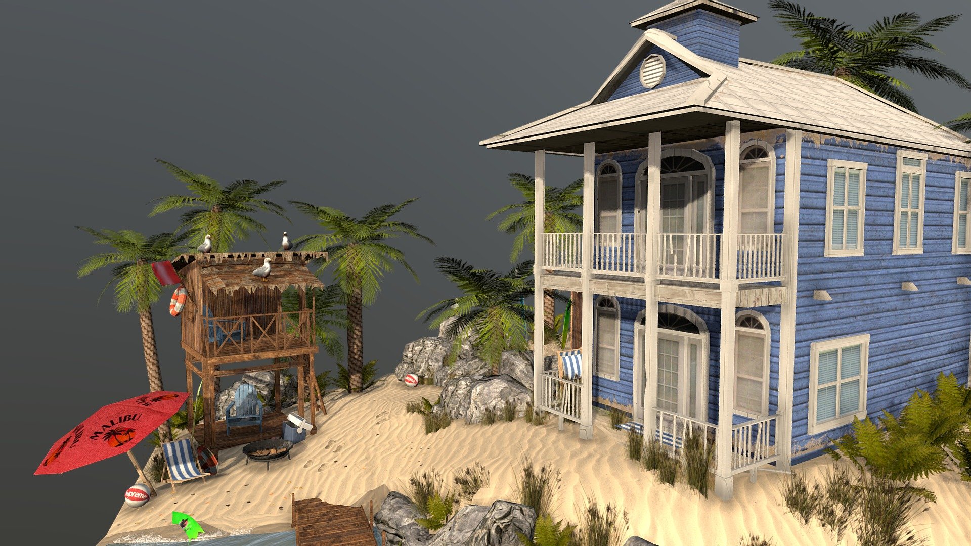 End exam for 3D1 at DAE.
I tried to work around the Idea of a group of surfer boys, spending their time in a surfer shack at the beach in florida. This was my first project in 3D software, since i had NO 3D experience at all before coming to DAE to learn, seeing my end project im quite happy with what I've achieved over such a short amount of time.