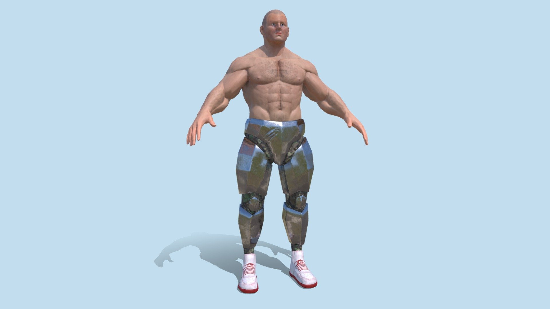 This is my first fully gameready character. at only 12k polys this is useable even for mobile games! I have a half poly version available so contact me if you want to buy it. Rigged and posed, you can use any animation from Mixamo as this was rigged using the software but the rig is incredibley clean and there are no tears unless you put him in a ridiculous pose!
This was created for a tech demo, and I will be using him in a game very soon! he is a super soldier with robotic legs and metallic pants! what's not to love of course he has stylish shoes because you can't expect people to respect you unless you are wearing nikes!
eye created by Tom Hodes