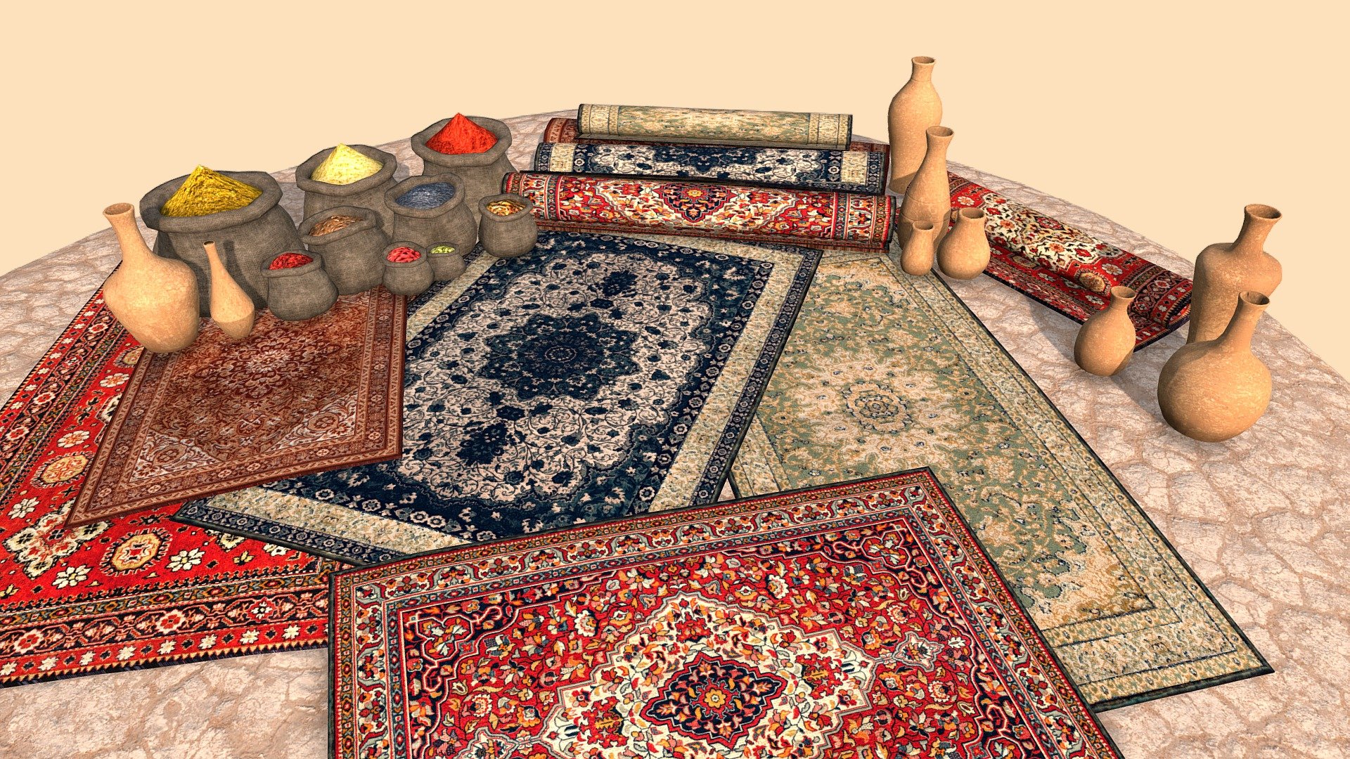 A collection on props for a work-in-progress ancient Arabian inspired bazaar scene.
