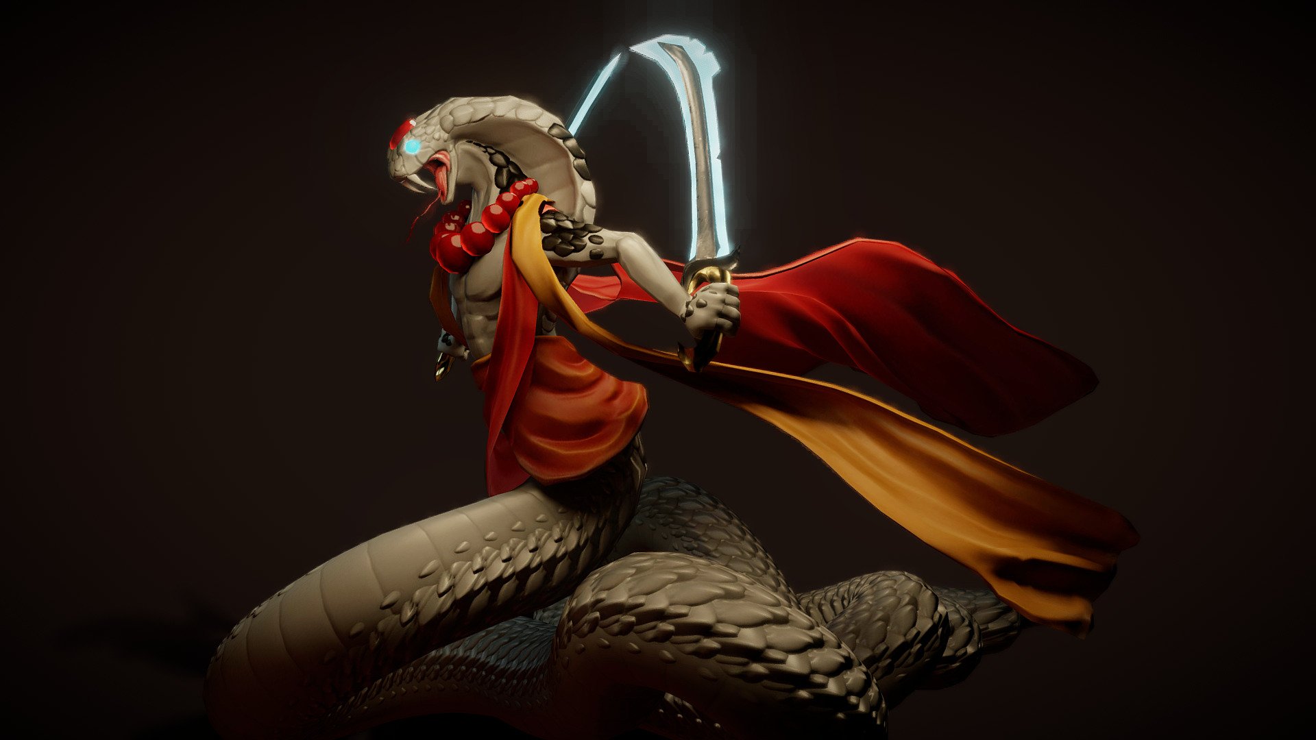 This dangerous naga is the one who protects the poison chamber from thieves. In the temple there are no other guardians as dangerous as him, so be careful, and if you need to kill someone maybe a dagger is a better option.

Model ready for to use in video games.