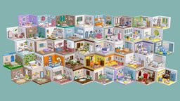 BIG PACK Cozy Cartoon Rooms Interiors office, room, bathroom, salon, beauty, apartment, sand, furniture, greenhouse, props, kitchen, nursery, environments, cozy, frontyard, childrensroom, architecture, cartoon, asset, blender, house, home, stylized, modular, studyroom, noai