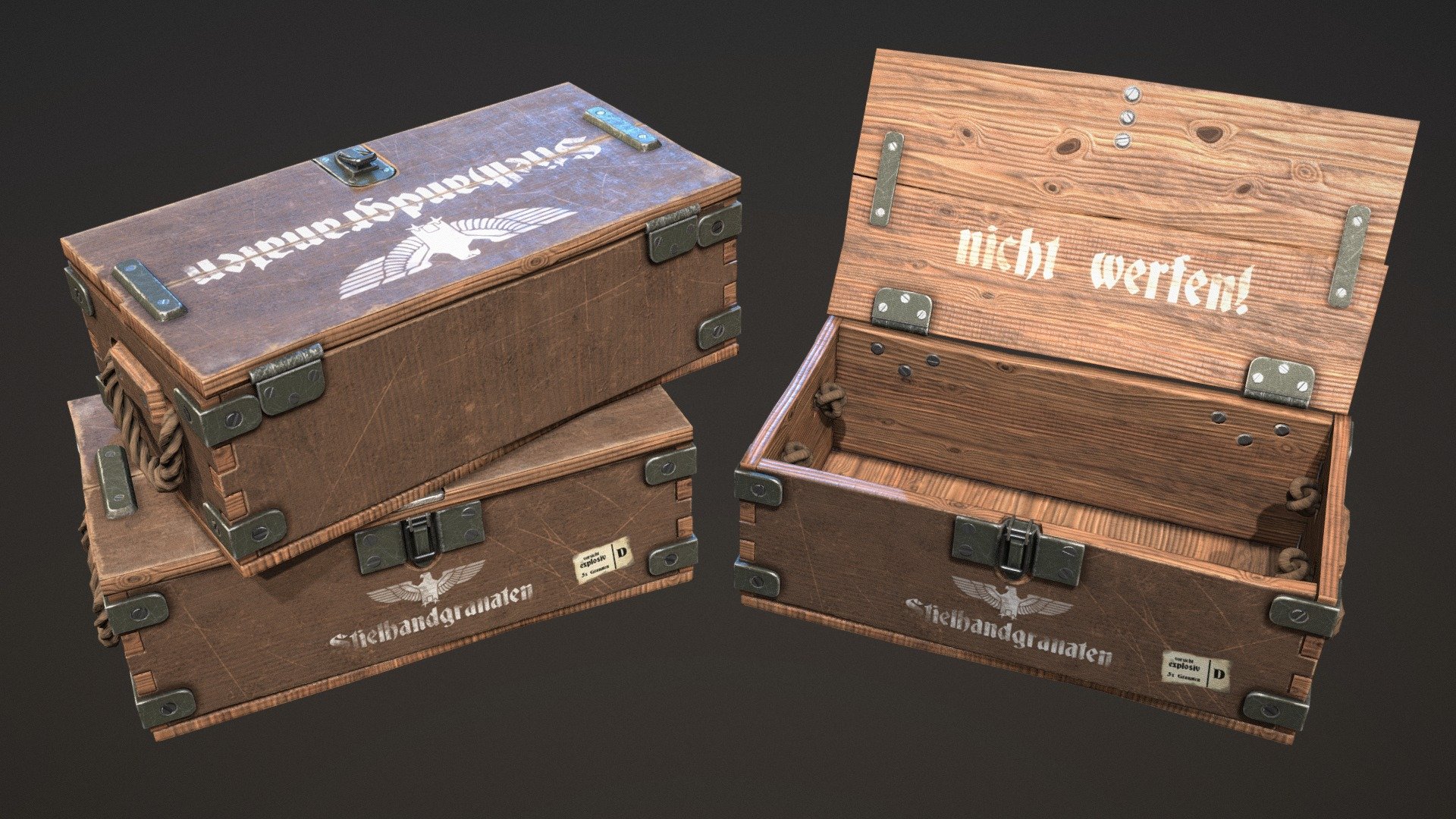 Main
WWII Crate Box
VR game ready mesh and textures. 
High resolution textures out of Substance Painter.

Texture
PBR 4k textures in .tga format.
Unreal Metalness: BaseColor, Normal, Occl/Rough/Metal 
Unity Metallic: Albedo/Transp, Normal, Metallic/Smooth

Mesh
Mesh has 15.840 tris and is ready for rigging and import.
.ma/.fbx/.obj

General Information
This asset is best used for VR experience due to it´s high details.
All parts which can move are seperate and ready for rigging and import.

Naming convention
Mesh: AssetName_PartName
Material: M_AssetName
Textures: AssetName_Type