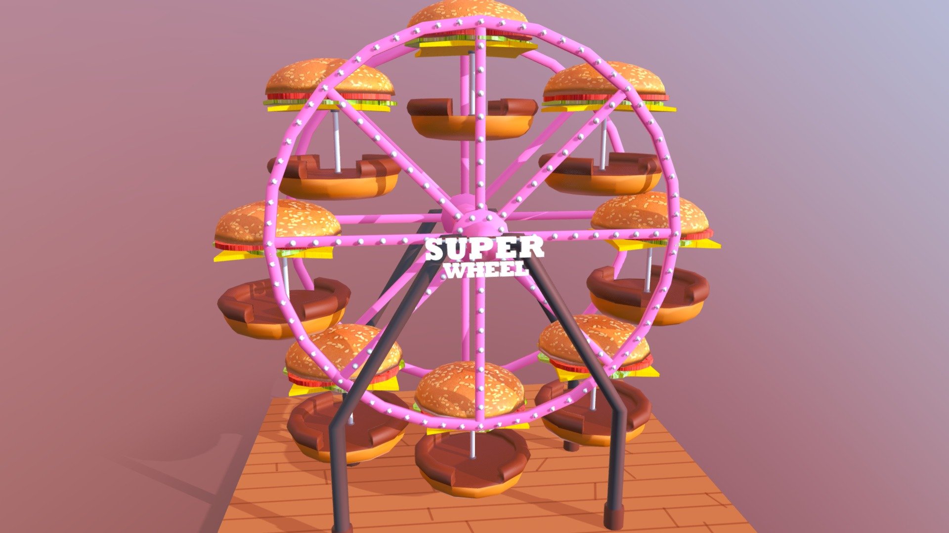 This Ferris wheel is medium quality 3D model. That will enhance detail to any of your rendering projects. It is very original ferris wheel  because the cabins have the form of an hamburguer. The model has a fully textured and detailed design that allows for close-up renders, and was originally modeled,texturized in Autodesk Maya 2018 and rendered with Arnold. The model have Uvs done and it contains all the textures.

This model can be used for any type of work as: low poly or high poly project, videogame, render, video, animation, film…This is perfect to use like a part of a amusement park scene or for a  postcard image with other  decoration such as the carousel that you could see in my profile too…

This contains a .fbx. and textures

I hope you like it, if you have any doubt or any question about it contact me without any problem! I will help you as soon as possible, if you like it I will aprecciate if you could give your personal review! Thanks