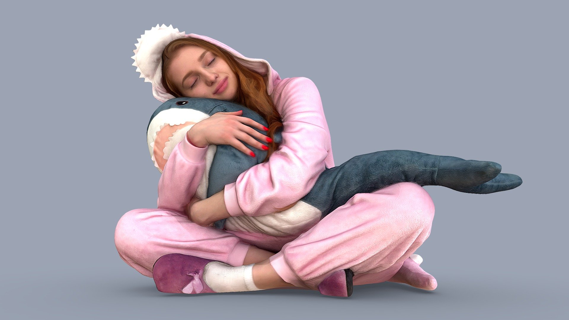 Follow us on Instagram ❤️

✉️ A beautiful red-haired girl in pajamas hugs a shark plush toy. She sits Turkish on the bed or on the floor in her room, wearing a pink velor dragon pajama suit and plush slippers. From the back, a long pajama tail and spiked combs are visible.

🦾 This model will be an excellent mid-range participant. It does not need to be very close and try to see the details, it reveals and demonstrates its texture as much as possible in case of a certain distance from the foreground.

⚙️ Photorealistic Casual Character 3d model ready for Virtual Reality (VR), Augmented Reality (AR), games and other real-time apps. Suitable for the architectural visualization and another graphical projects. 50 000 polygons per model.

ZPLL68