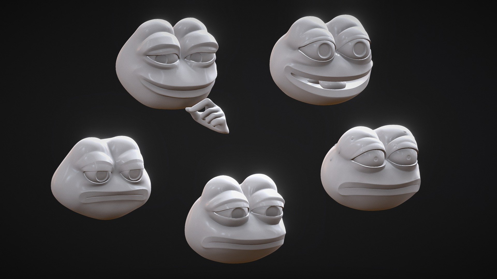 Pepe heads optimised specifically for 3D printing. Contain no cavities (excluding Feelsgoodman pepe's mouth). Please note that these pepes are fully merged: eyes, tongue cannot be separated.

All pepe heads come at 3 detail levels:




200k tris high poly pepes (featured here)

10k tris lower fidelity pepes

1-2k super low poly pepes (Also available separately: https://skfb.ly/ouxnY )

You can find fully quad smoothable and textured versions of these pepes here -> https://sketchfab.com/xaeon/collections/aeons-pepes