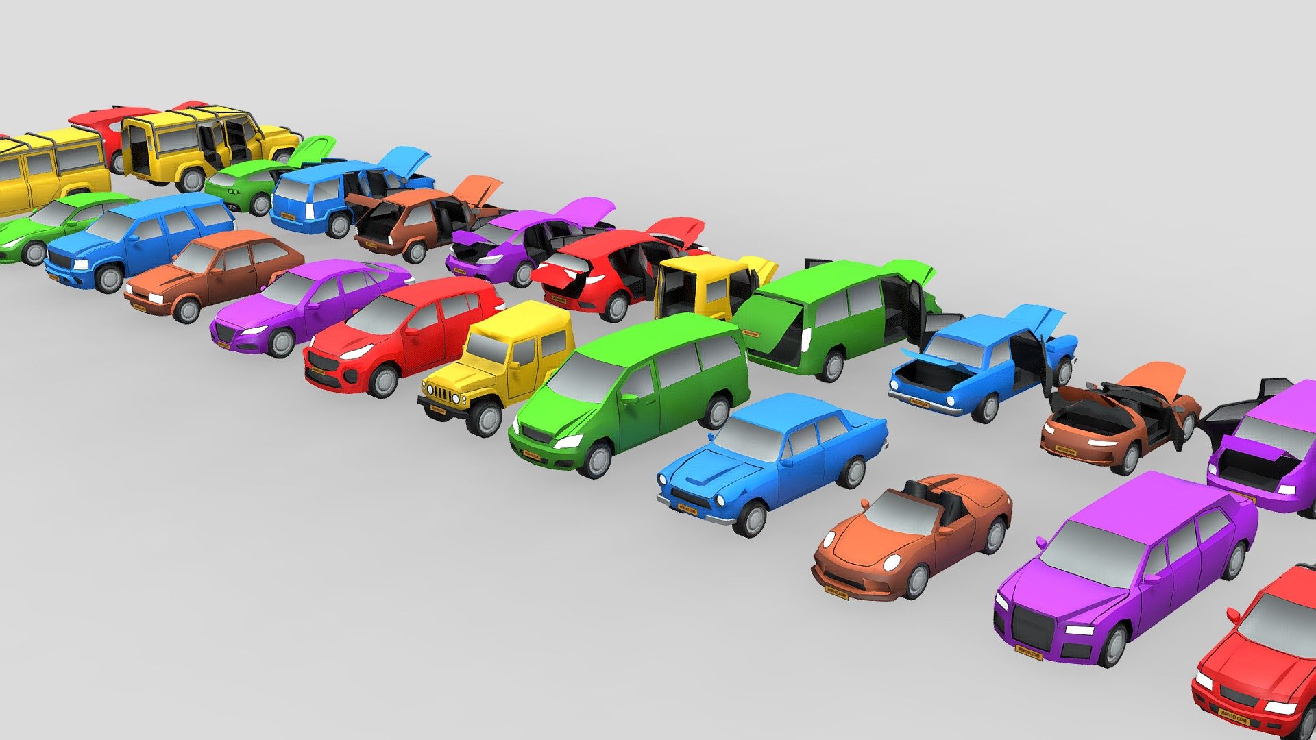 These great low poly assets come in stunning colors, make it look great even for close up render. With clean geometry, great topology, it makes these assets are suitable for any purpose. 

These cool cars even have doors and trunks that can be opened and closed! imagine what you can save by buying this asset pack.
Tt an affordable price, you are not only get 3d models, but also endless possibilities creation.