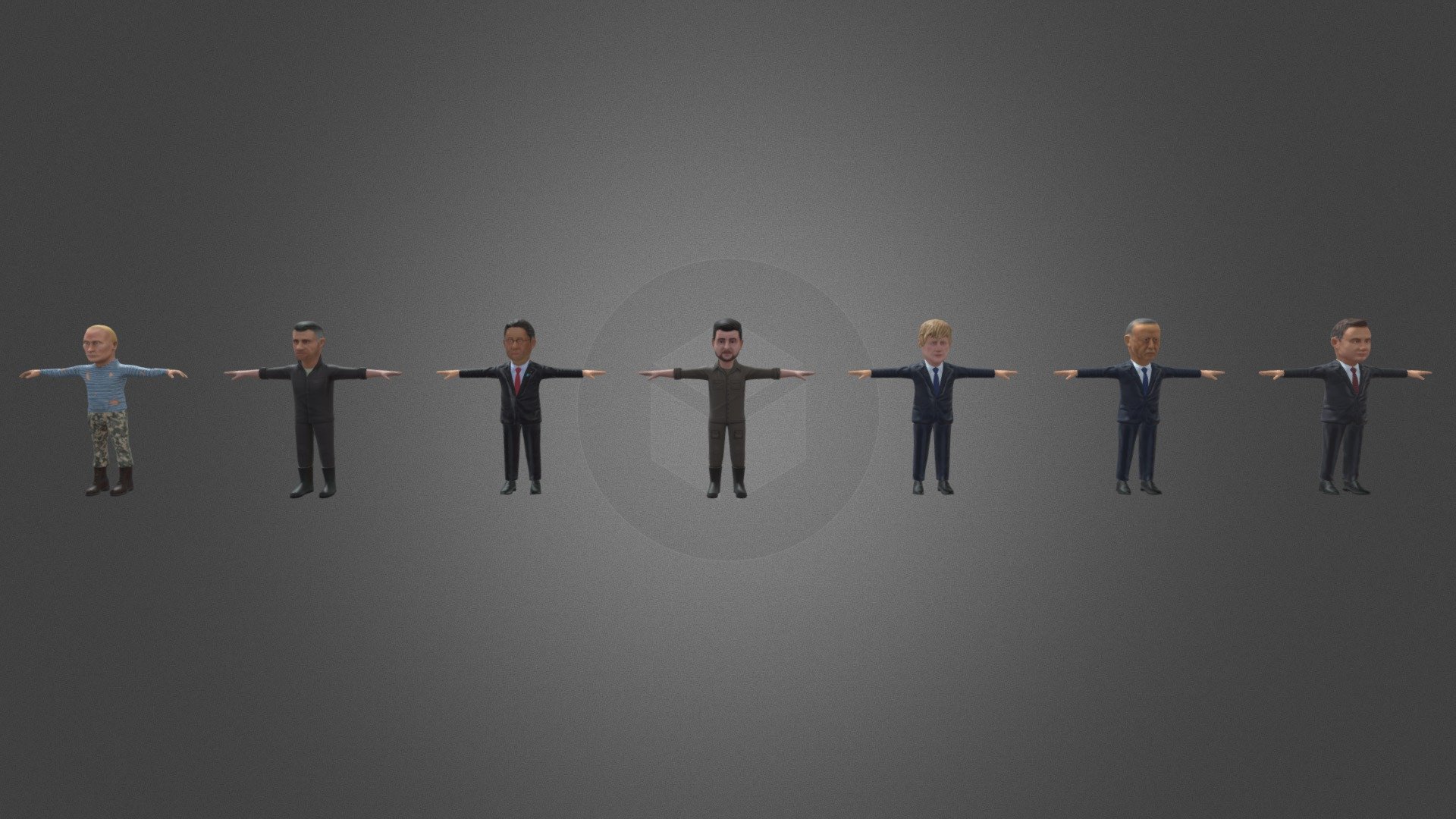 Low-poly 3D models of politicians. This asset presents 7 3D models of politicians: Vladimir Zelensky, Vladimir Putin, Vitali Klitschko, Andrzej Duda, Recep Erdogan, Boris Johnson, Fumio Kishida. These models have textures that are subject to adjustments. You can use these models in your projects.

Number of textures - 39
Texture dimensions - 512*512 px
Number of meshes/prefabs - 7
Types of materials and texture maps (e.g., PBR) - RGB