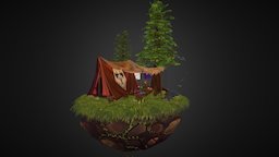 Tent in the Woods - Diorama trees, cute, tent, camping, fun, dwarf, 3dcoat, stylised, diorama, nature, woods, handpainted, asset, 3d, photoshop, 3dsmax, lowpoly, stylized, fantasy