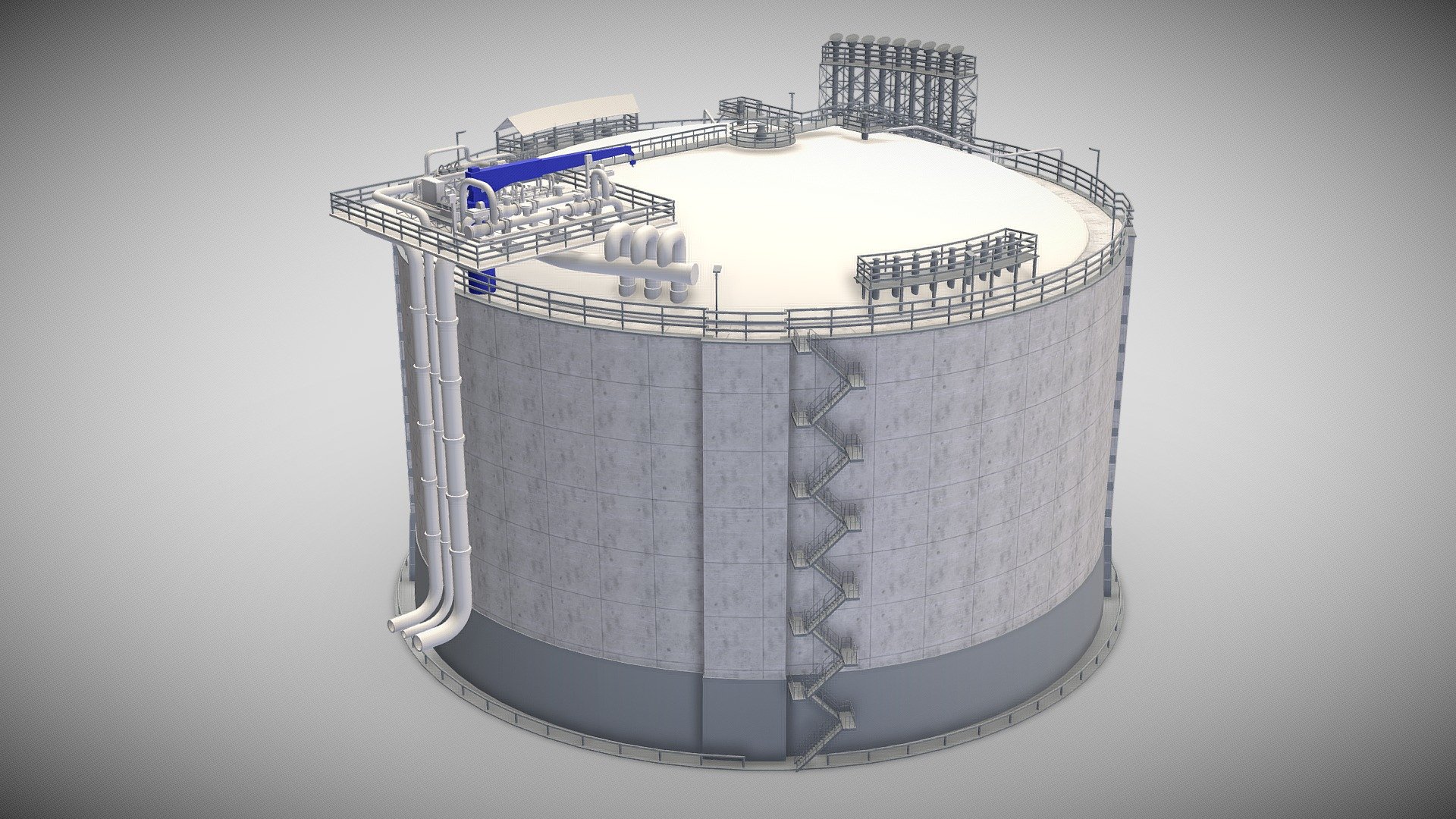 GENERAL

Used units: cm

Gas storage - Large cylindrical tank for liquefied gas.

The pipes are not logically connected.

Rendered with Corona Render or Scanline.

Not all objects have a UV map.

FILE FORMATS




MAX (3dsmax 2019; Corona Render and Scanline)

FBX (embedded textures)

OBJ

TEXTURES




All textures are in PNG format (2048x2048).

GEOMETRY

Polygons: 70 653

Triangles: 128 168

Vertices: 73 347



Best wishes for your creative project,
3D GEN Studio.