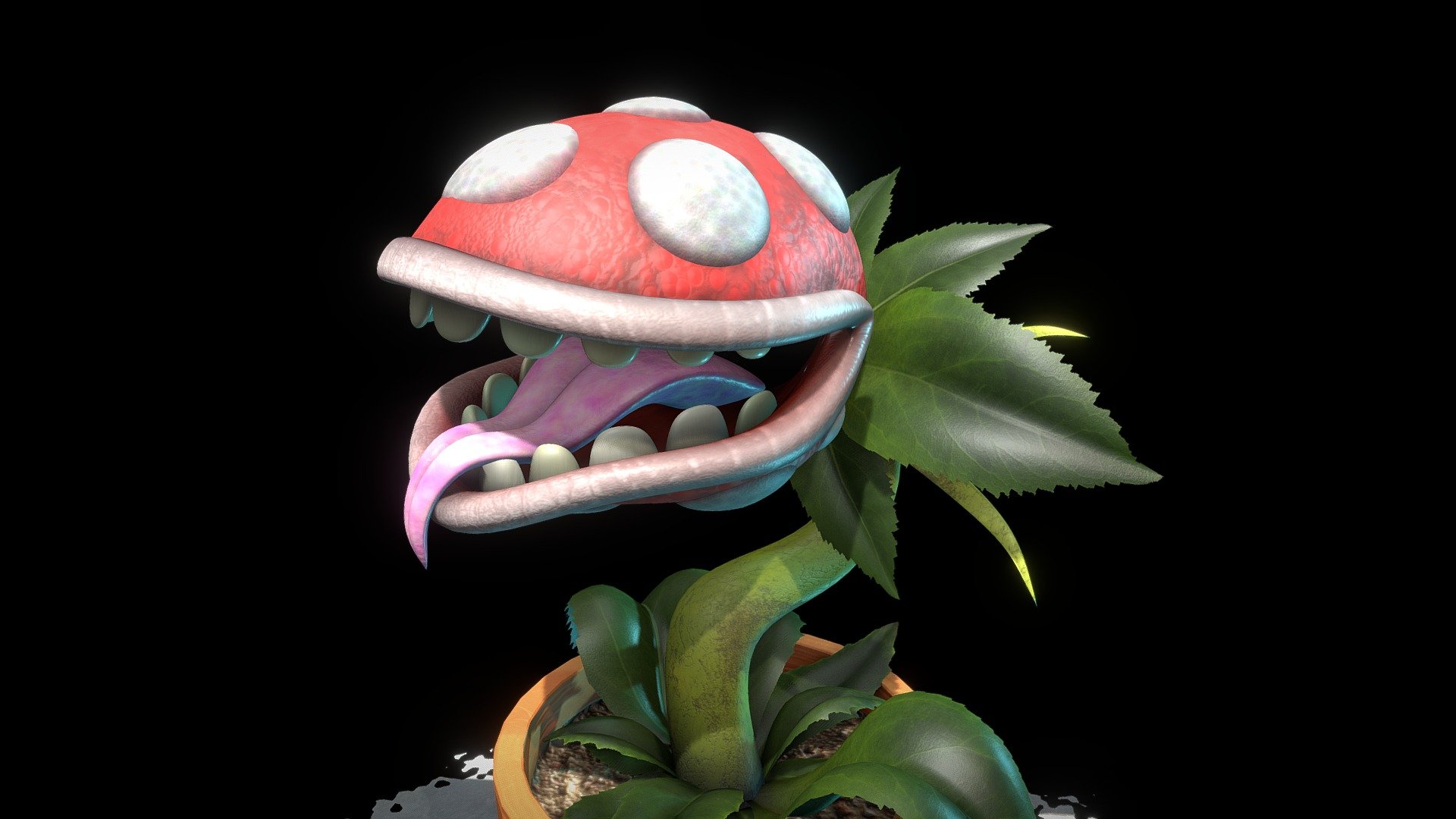 I made this model in 2016, to practice modeling shapes and creating procedural materials. It was decent work at the time, but I revisited it in 2022 to give it a proper mesh/material cleanup and see how much I could improve it. This is the result!

Some of it could definitely still take a little more attention, but overall I'm happy with where it ended up. It's a cool ode to the infamous Piranha Plant from Super Mario Bros.

You can view the original render at my website, here.