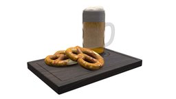 Food Set 05 / Beer and Pretzels / PBR bar, drink, food, pub, mug, beverage, beer, snack, kitchen, pastry, dining, ale, pretzel, brew, lager, glass, brewage, 3detto
