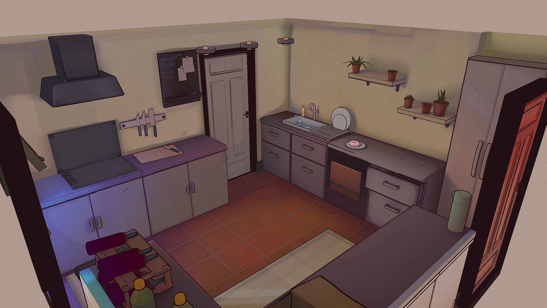 This is part of an environment for VRChat, it's currently in the process of being uploaded and it has a few rooms. Although the kitchen is my favorite, so I thought I would share it with you.

Once it's uploaded in VRChat though I'll give a link if you want to check it up :) 

The client wanted me to do model and texture their apartment and let me have fun with it. So I went for a stylised approach. I really wanted it to look like an illustration from any angle which really just allows me to merge both my 2D illustrative skills and 3D skills which brings me so much joy! I really hope you like it, and if you're interested in a commission yourself, please get in touch :3

I added a donut for the blender nerds :p, did you like it? :3 

Created using Blender, Substance Designer and painter.