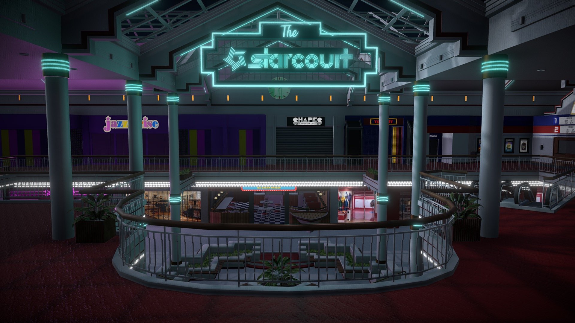 After the success of My Starcourt Mall exterior, I decided to take on an even bigger challenge and model the Mall interior. I focused on the food court and shops featured in the show only. It was a fun project and it took about a week to put together but as it's an ongoing project, more details will be added when I find the time between contracts. 

Shops featured are&hellip;
The Gap, Sam Goody, Waldenbooks, Claire's, Zales, Kaufman Shoes, Jazzercise, Wicks &lsquo;N' Sticks, Regis Hairstylists, Lovelace Lingerie, SHAPES Activewear Outlet, The Game Player, Starcourt Cinemas, Time-Out Arcade, Flash Studio, Food Court, Scoops Ahoy, Hot Dog on a Stick, The Great Cookie, Teppanyaki, New York Pizza, Orange Julius, Burger King, Hawkins’ Heroes, Hot Sam Pretzels, Imperial Panda,Taco Bell

Huge thanks to all those who helped by providing photos, videos and Blueprints, without those I couldn't have made it at all :)

This model is not for sale or downloadable. Any abusive comments will be reported&hellip;You have been warned!