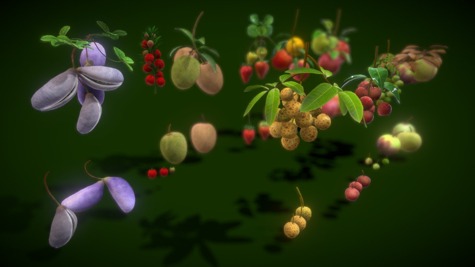 A collection of fruit: 
- Fruit_akebia
- Fruit yew tree
- Fruit sapodilla
- strawberry fruit
-  fruit peaches
-  Fruit Apple
-  longan fruit
-  flacourtia jangomas Fruit
-   crocodile fruit
-   Chrysophyllum cainino
    Each model has  lowpolys. Each texture is 512x512px

Included textures for each fruit: 
- Diffuse Map