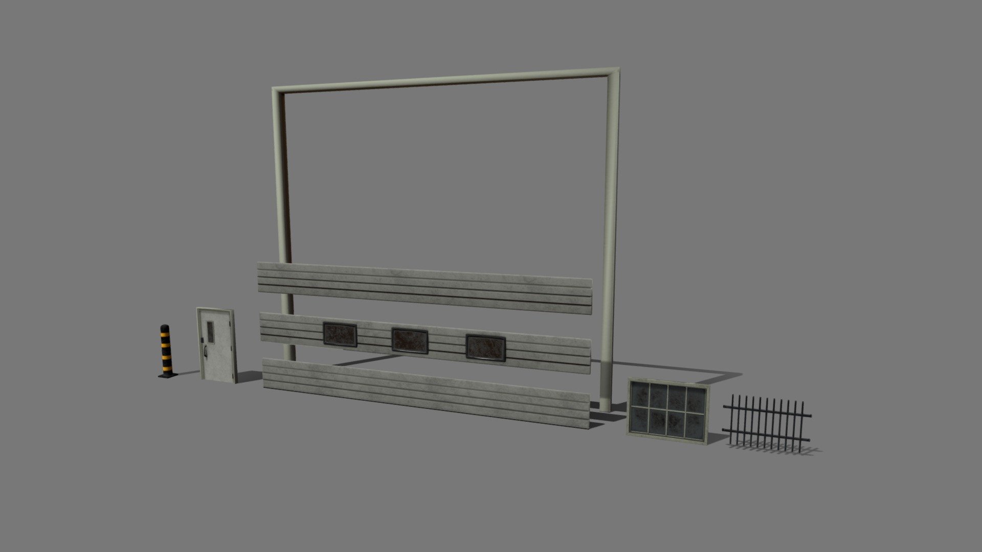 Here is a building kit for some worksite doors and windows I created as part of my final major university game project called Carnage.

This is the version that just shows the kit in it's parts.
