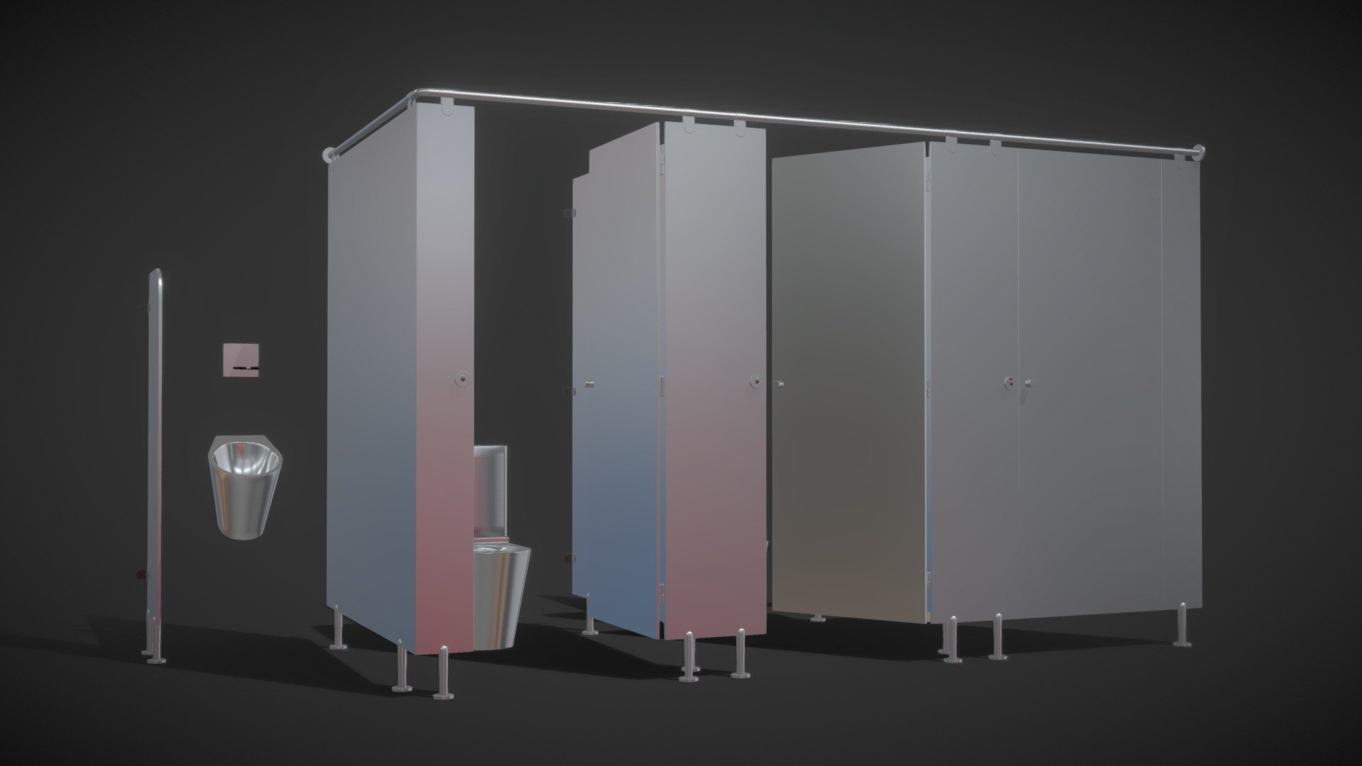Realistic (copy) 3d model of Sanitary partitions for public toilets FunderMax 2.

Topology of geometry:
- forms and proportions of The 3D model most similar to the real object
- the geometry of the model was created very neatly
- there are no many-sided polygons
- detailed enough for close-up renders

Materials and Textures:
- 3ds max files included Vray-Shaders
- 3ds max files included Corona-Shaders
- all texture paths are cleared

Organization of scene:
- to all objects and materials names in scene are appropriated
- real world size (system units - mm)
- coordinates of location of the model in space (x0, y0, z0)
- does not contain extraneous or hidden objects (lights, cameras, shapes etc.)

File Formats:
- original file format - 3ds max 2013 + Vray
- 3ds max 2013 Corona
- obj
- 3ds

In the archive:
- DELABIE urinal
- toilet bowl DELABIE
- Set of sanitary partitions FunderMax
- Fittings Normbau
From the components of the set, you can set any number of toilet cubicles in public toilets.