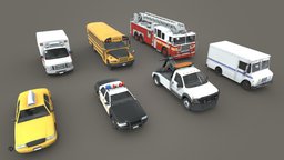 7 Low-Poly Service Cars Collection police, school, truck, vehicles, transportation, ambulance, transport, carrier, mail, taxi, service, delivery, firefighter, rescue, police-car, fire-truck, rescue-vehicle, tow-truck, vehicle, car