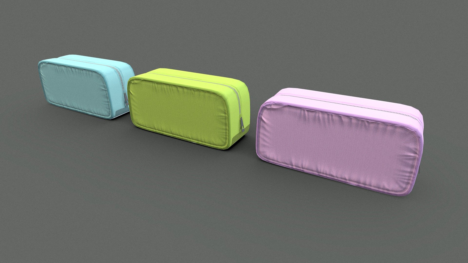 A trio of cute pencil cases with different colours, has creases and a subtle fabric texture. 

Handy prop for any sort of interior environment such as a school or office. 

PBR texures @4k