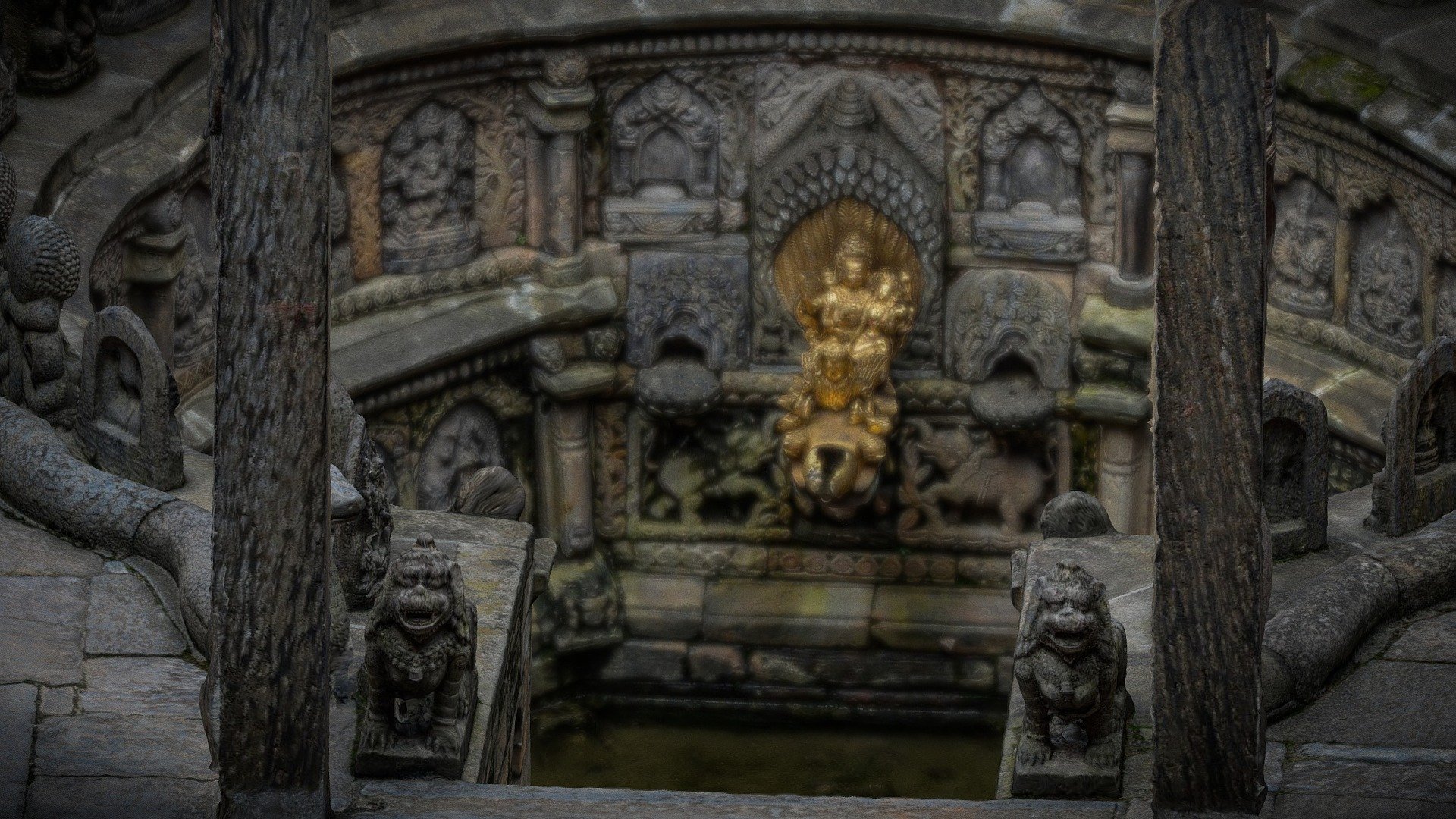 This is Tusa hiti located in Sundar Chowk(Patan Durbar Square). It is slightly cusped Tusha Hiti step-well was commissioned in 1647 by King Siddhinarasimha Malla, to perform ritual purification. A beautiful statue of Laksmi-Narayan on Garuda is carved on gilt bronze on the top of water spout. Various miniature statues of gods and goddesses and multiple iconic objects are surrounded in Tusha Hiti.