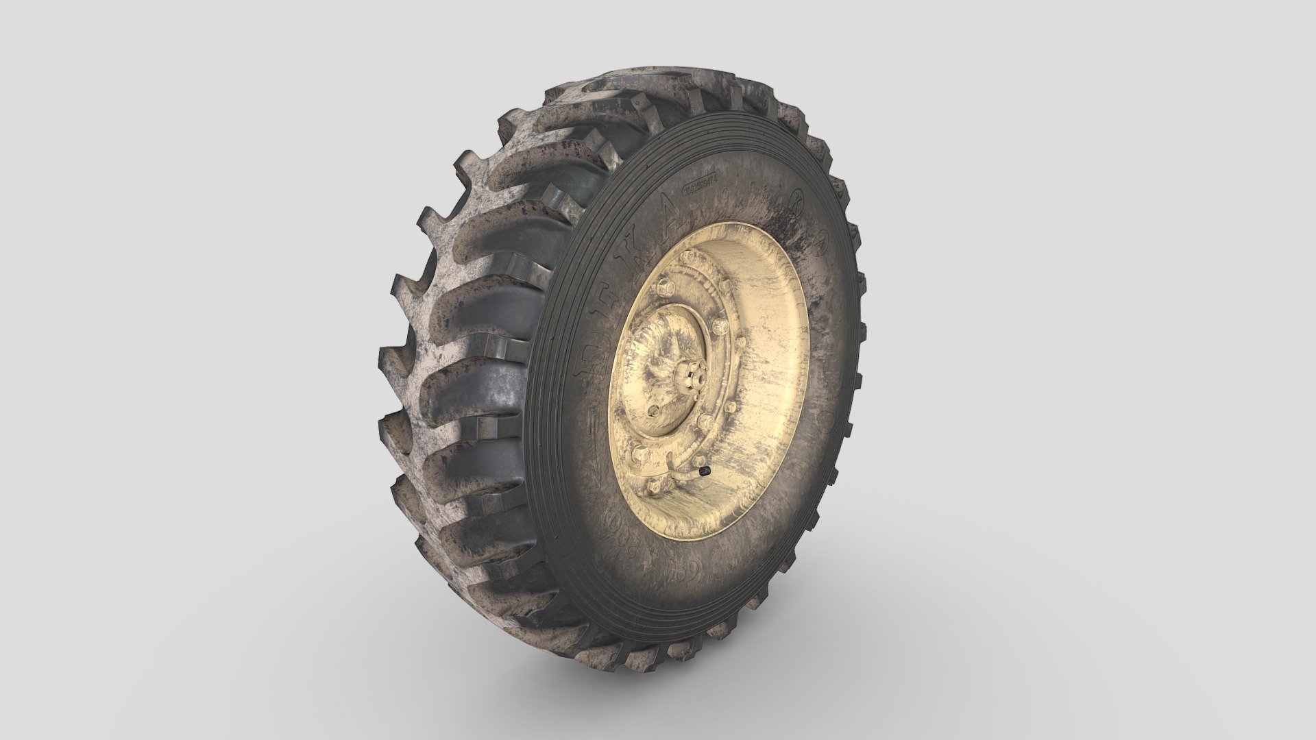 3d model-Rear wheel of a floating car Volkswagen Typ 128 (Schwimmwagen) / Tyre Deka Military. Color Dark Yellow. Little dirty.