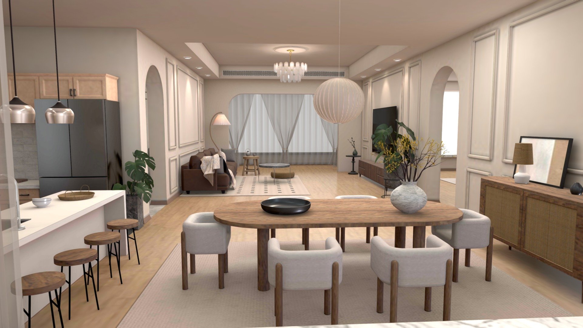 This is a WHOLE house design, including living room, dining room, bedroom, kitchen, balcony and a bathroom.

The design style of the house belongs to the fusion of European style and modern.

The use of more wooden furniture and marble materials gives the whole room a feel of warm and comfortable.

Some well-placed green plants also make the house full of vitality.

Colors ( including lighting and shadow and some reflections ) are already baked.