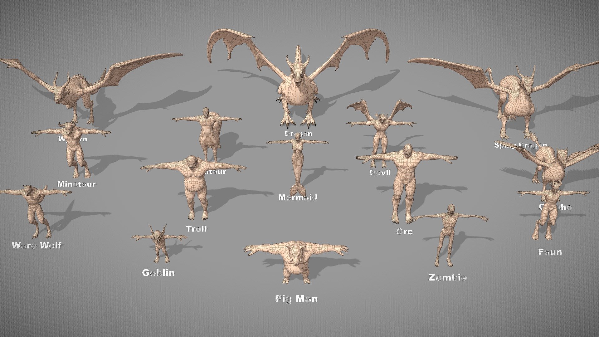 Hello from PolyOne Studio!
Includes 15 essential creature base meshes designed to accelerate your workflow. Featuring clean topology, proper proportions, and well-organized geometry, these models provide an excellent foundation for sculpting, rigging, animation, and game development. Save valuable production time and focus on bringing your creative ideas to life.



Features:





Get ready in T Pose so you can start getting creative.

Low polygon count 

Symmetrical with the origin point at the center of the grid floor 

100% quads, clean topology, subdivision ready

Detailed body ( body, eyes, mouth, tooth )

Follow us, new packs coming out, updates, promotions &amp; tutorials:





Official Site: polyonestudio.com




Email: polyone.studio@gmail.com




For support, questions, or custom requests, feel free to contact us anytime. We truly appreciate your feedback and support. Thank you!