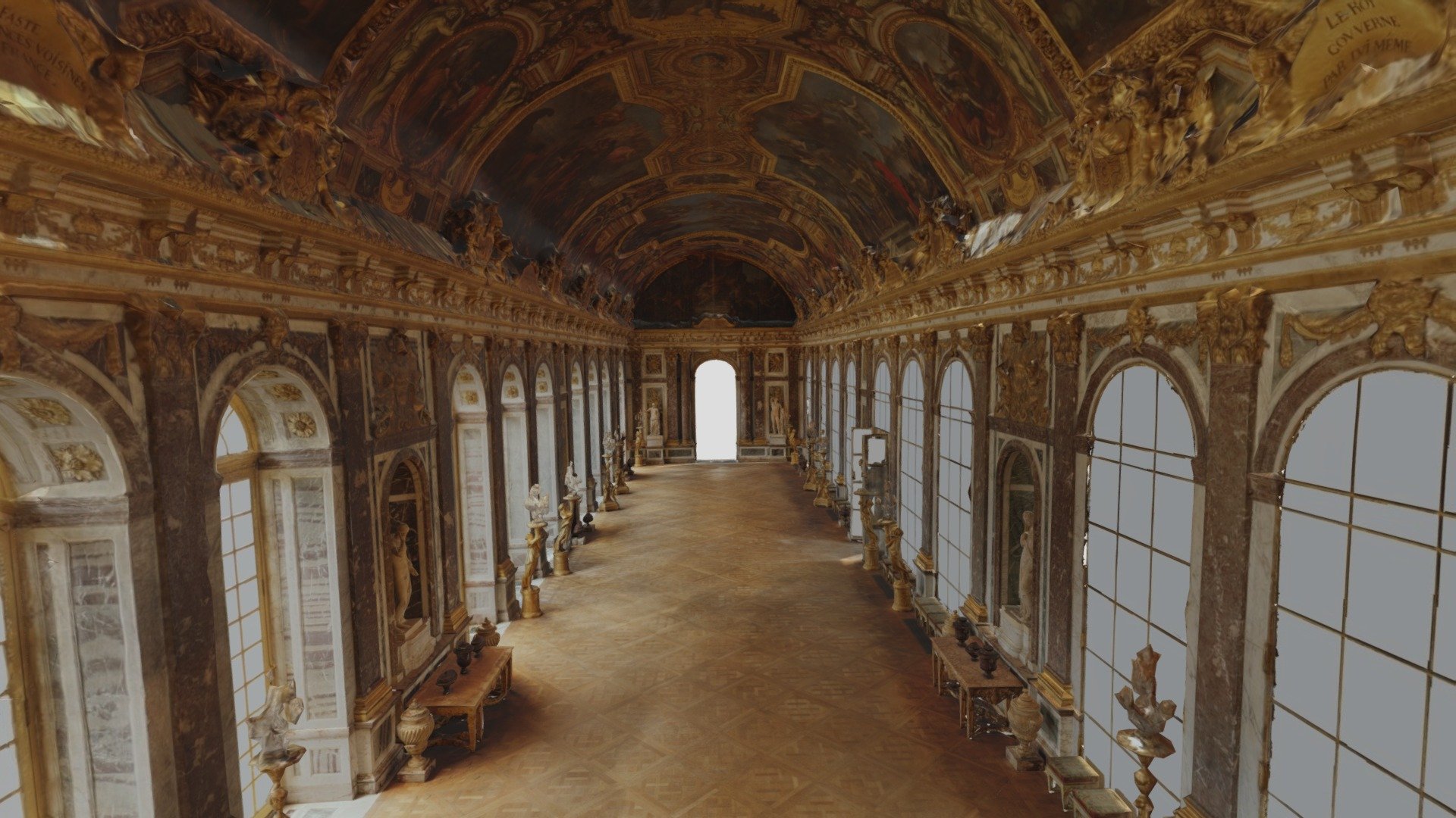 La galerie des Glaces exalte les succès militaires, économiques et artistiques de la France de Louis XIV. Elle est emblématique de la richesse de Versailles. Longue de 73 mètres, et haute de 10,50 mètres, le roi l’emprunte quotidiennement pour se rendre aux Appartements de la Reine ou à la chapelle royale. Lieu accessible à tous, elle sert principalement de salle des pas perdus, mais également de salle de jeux, de bal et de réception.

Crédits : Château de Versailles en collaboration avec Google Arts &amp; Culture

En savoir plus : https://www.chateauversailles.fr/decouvrir/domaine/chateau/galerie-glaces