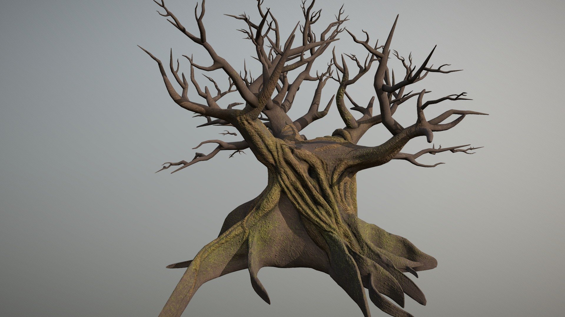 My first tree and hero piece for my diorama. Alas, I do not know what happened to my leaves&amp;branch textures, so I've made them invisible here. You can see the invisible planes if you check the wireframe.

Note, there are some holes along the branches. This tree was not meant to stand alone without the house and platform (file size is too big for sketchfab together). The house and platform covers the holes.