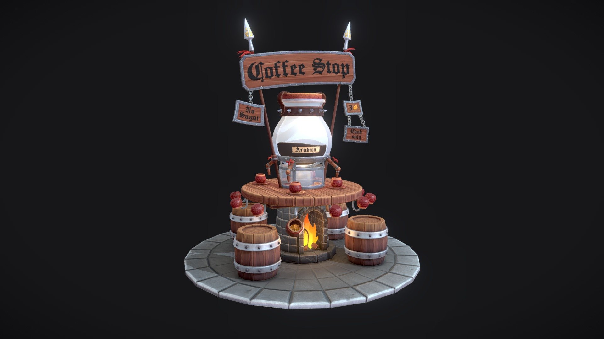 ArtStation Challenge Medieval: Back and Forth.
CoffeeStop: 
What kind of journey is without a cup of coffee? Throw a coin and get your portion of black gold.

You can check the process and support my submission here: link to ArtStation Thanks a lot! :)

Challenge main theme:

We’re challenging artists to not only imagine the middle ages, but to see it as a destination for modern travellers. A place where old meets the new. A collab with our ancestors. How would fashion, customs, architecture and transport look if we could visit our ancestors or they could visit us?
