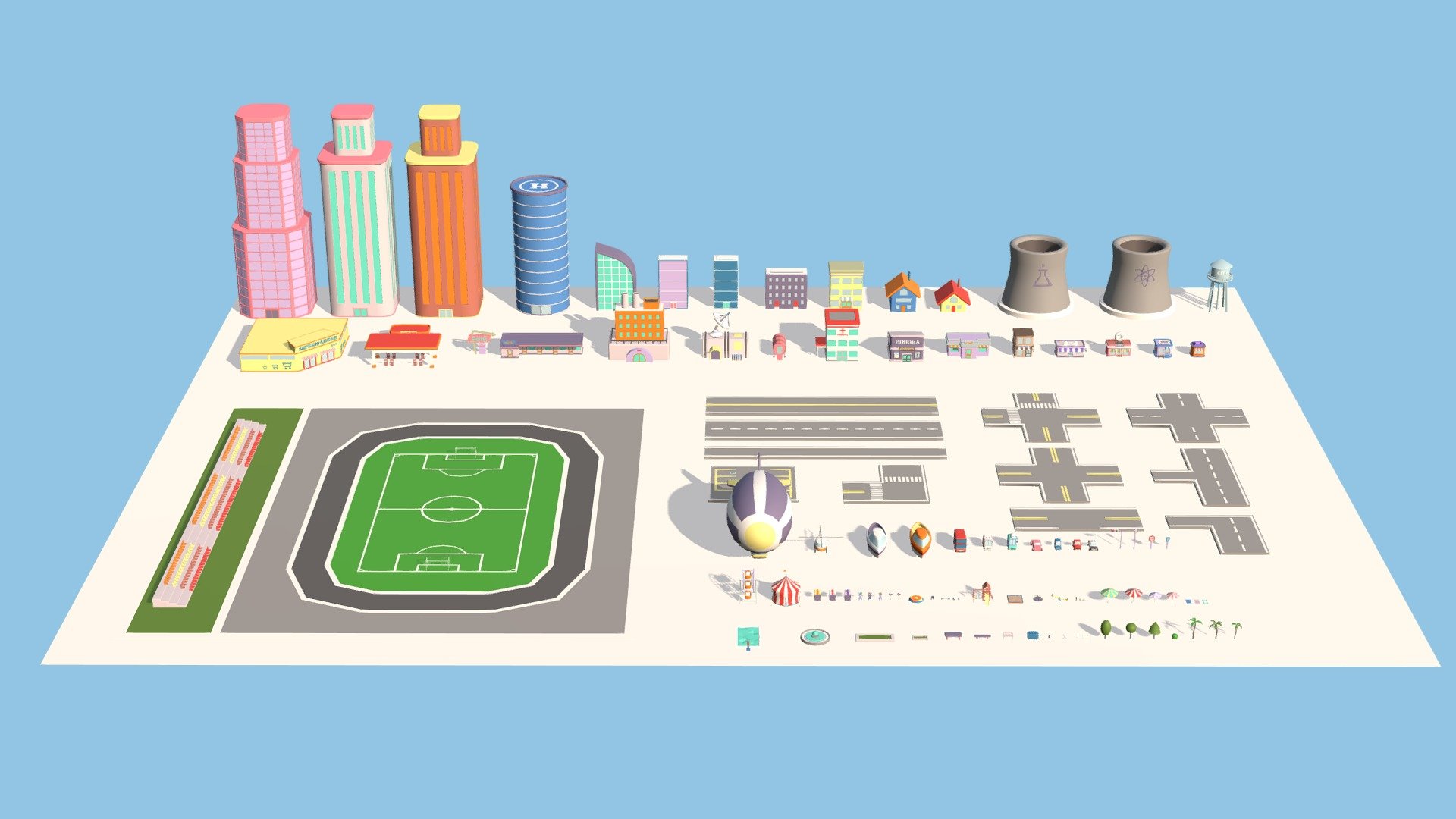 part of City Set Low Poly download here

106 objects: buildings / trees / cars / roads / intersections / stadium / and much more!

Technical details:




Vertex: 103 k 

Faces: 100 k 

Tris: 182 k

Whole set has one color texture (2048/1024/512/256/128px) and one material.

Files: Unity \ Unreal Engine 5 package (is compatible with version UE 5.1 / 5.2 / 5.3 / 5.4) \ Blender \ fbx \ obj \ glTF

The original concept was used to create models.

Feel free to download it and leave your reviews, comments and likes. This will help us create more products for you :)