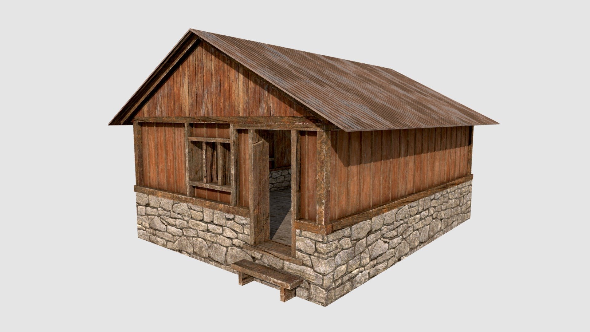 A small wooden hut with an enterable interior. Includes two materials and a separate door model which can be animated. Works great in any modern game engine or for rendering purposes. Available in: fbx, obj, blend, dae, gltf, Unreal project and Unity package.

Textures are in 4096x4096 resolution:




Diffuse/Base colour

Roughness

Metallic

Normal map

Ambient Occlusion

Unity and Unreal packages include drag and drop prefabs with packed textures.
Textures were created in, and exported from, Substance Painter.
Model created with, and native to, Blender 2.92