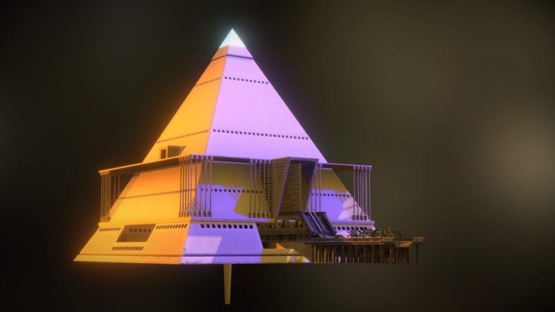 If you spent any time watching user created content on the internet you may have heard an interesting theory that the Great Pyramid in Egypt may have had a function similar to a Tesla coil where energy is gathered from underground aquafers which pass thru the the interior granite which permits ionization. A secondary layer, a mix of limestone, crystal and metals are conductive while the outter most limestone layer acts as an insulator.

The pyramid shape funnels the energy to the gold capstone which conducts a path of negative ions to the atmosphere.

This structure re-imagines this function as truth and provides free energy in the manner of the Tesla Coil.

I'm not an energy expert but here is a video explaining how it is theorized to work. https://www.youtube.com/watch?v=f7RtnEghLVc&amp;vl=en