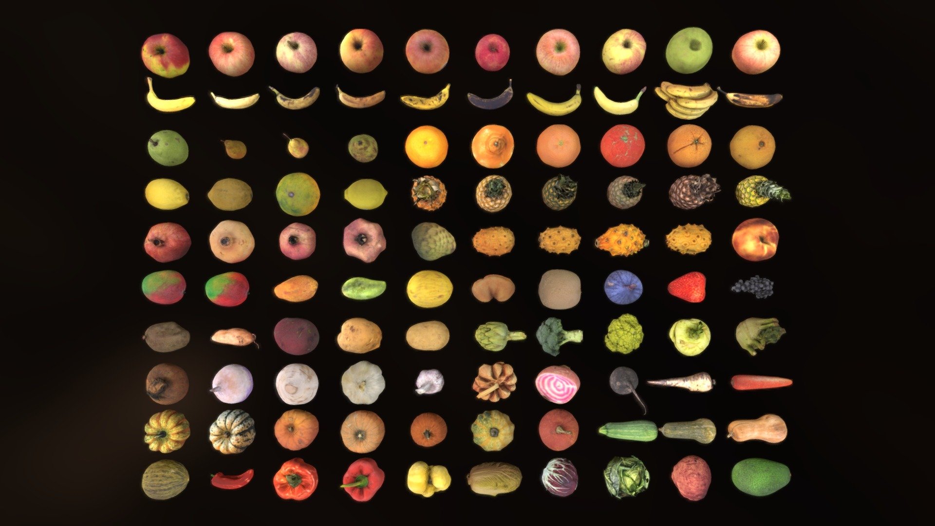 A collection of lowpoly scanned fruits and vegetables, ready to use in game engines, as particles or for optimized renders. Comes with a demo!

Each model is made of ~1000 triangles, and 1024px albedo and normal maps (jpg).

Original scans from @fredfroehlich @seijik42 @linkfredriksson @yonemoto.taiga @xfanta @BSlegt @tux @parallelo.d @daniel132 @chytamrealitu @all_scan_everything @NestorMarques @nick_wiggins @arqus3d @aquateknica @nate_sid @marcovolino @nedo @nebulousflynn @james @calidos @mantasT @cimtech @semblance @3dhdscan @abbyec @gavez @simonspata @jledergerber @Duplicate3d @mauricesvay @curiofawkstrawt @myscan @Madman05 @sheepfilms @xiezhong @epipolar @ken.varner @gregoryarbit @Reductio @jtuhtan @czheiko @scansource3d @animator12 @vibrantnebula @rigsters @tscheer @etatech3d @nunommf @corralsanti @topfrank2013 @khoi3d @carlosfaustino @mik1190 @LittleNinja @moonsoon @gbrlmenchen @ronjart @fablabpr @afinia3dprint @s.eienberger @mark.energy @digitizedesigns @kraskod @aellis43