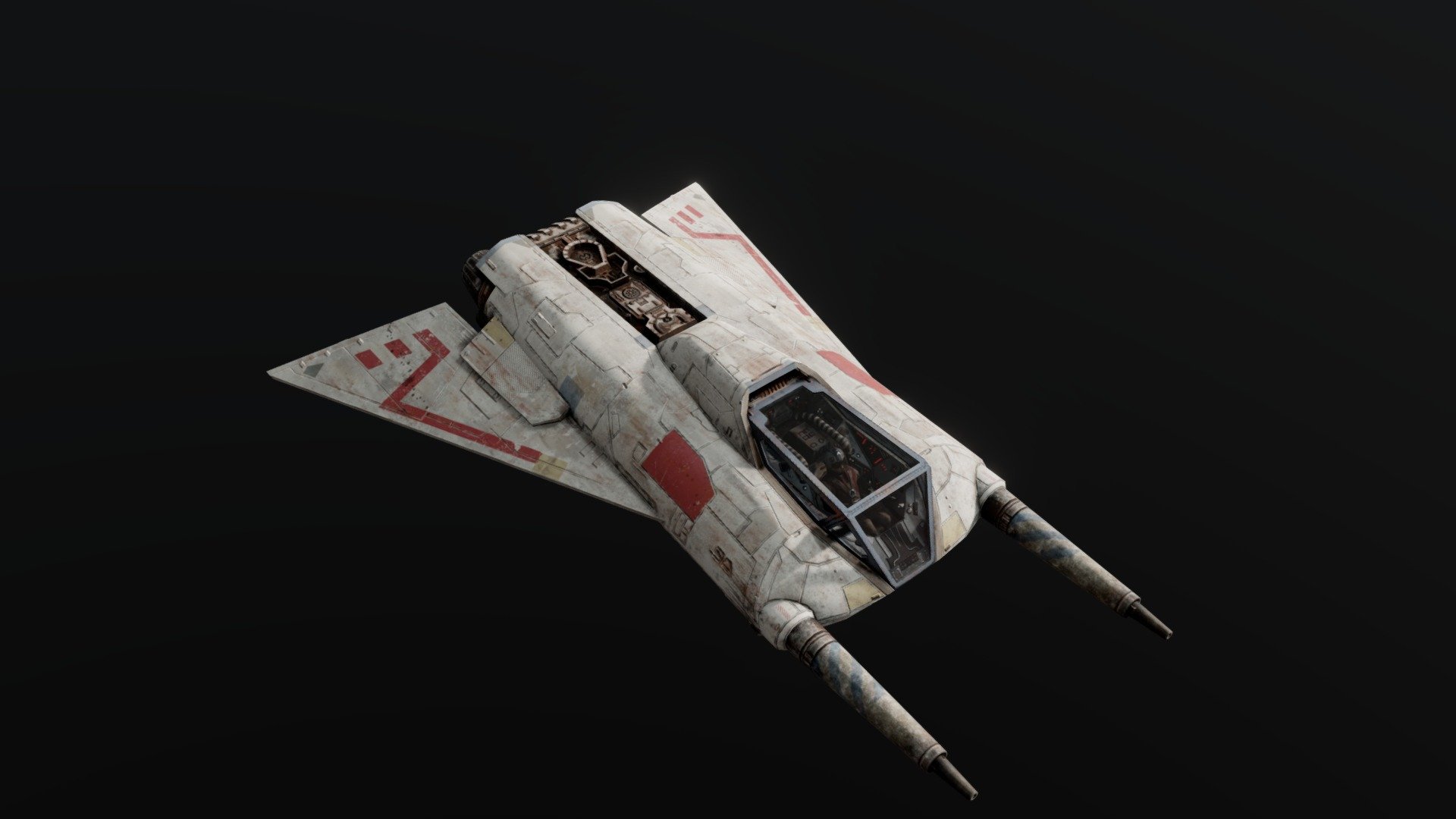 A ship from the '90s Expanded Universe, the I7 Howlrunner was a small starfighter developed by Incom Corporation (the same manufacturers as the X-wing) for the Empire. Probably best-known from the Essential Guide to Vehicles and Vessels, I stayed pretty faithful to the design, but made a couple of angles slightly more exciting and a little less boxy.

Out-of-universe, the ship's design is probably an homage to the Buck Rogers Thunderfighter, concepted by Ralph McQuarrie, who also worked on Star Wars' fighters. I wanted to make sure my version felt Star Wars-y enough, so I textured it in an extremely similar to the style of the OT X-wings. I hope you enjoy this slightly obscure ship model! Comes with a generic super low-detail pilot and cockpit interior.