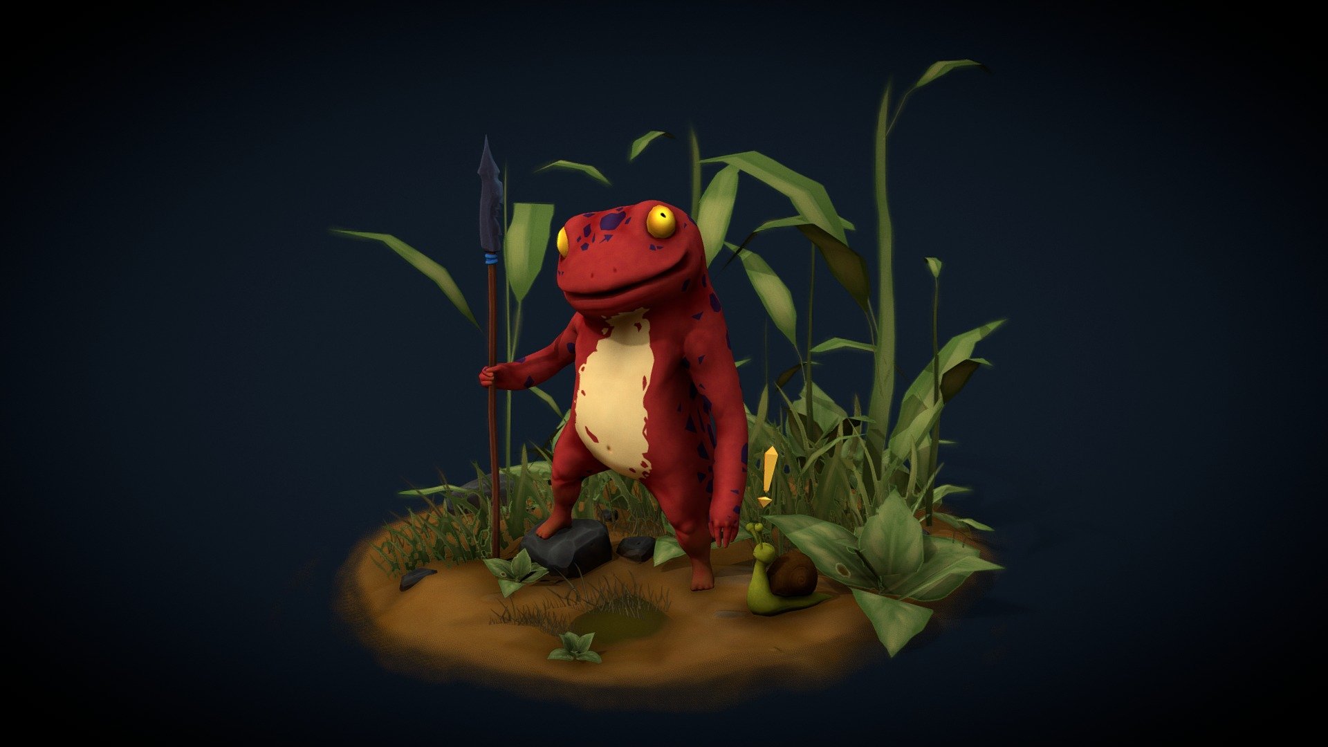 Frug was a little guy I doodled whilst on holiday. I decided to make him in 3D before I go back to start my second year at Uni as part of practise with characters.\n\nI used ZBrush, Maya, Substance Painter and Photoshop. This was my first time using ZBrushes ZSphere rigging tools to pose him as he was originally sculpted in A Pose. Concepts on my Artstation and Instagram: Grizzlewood.Artstation.com &amp; Instagram.com/GrizzlewoodArt