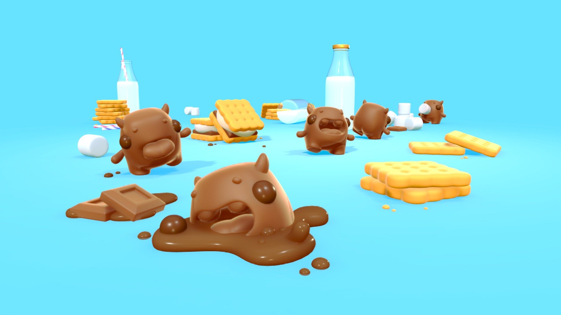 Here's a scene I made for my love of chocolate! The real renders with bonus images are available on my Artstation!
https://www.artstation.com/artwork/WBaPDJ

I'm working on making 3D printed figures of these creatures so stay tuned!
