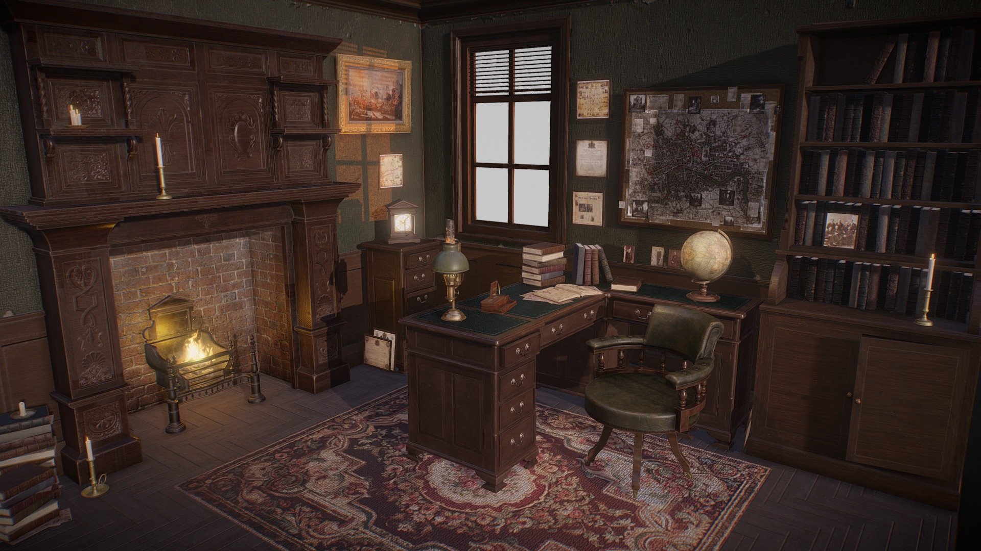 A Victorian study room that includes a collection of game-ready assets.

This sanctuary belongs to a private detective. Amid the crackle of the fire and the room's shadowed corners, she delves into mysteries, her scattered notes, books, and sketches revealing a world of silent secrets.

You can get this model on Fab

Features




Collection includes over 40 unique game-ready models, including a desk, fireplace, bookcase, cabinets, paintings, candle holders, books, and props.

Models are low-poly and optimised for use in game, VR, archviz, and visual production.

Clean topology. Objects are grouped, named appropriately and unwrapped.

Modelled in Blender and textured in Substance Painter.

97,255 total triangles; 54,569 total vertices.

Textures

14 PBR texture sets. Textures are in .png up to 2048x2048 and include: Base Colour, Metallic, Roughness, Normal, Alpha, Emissive