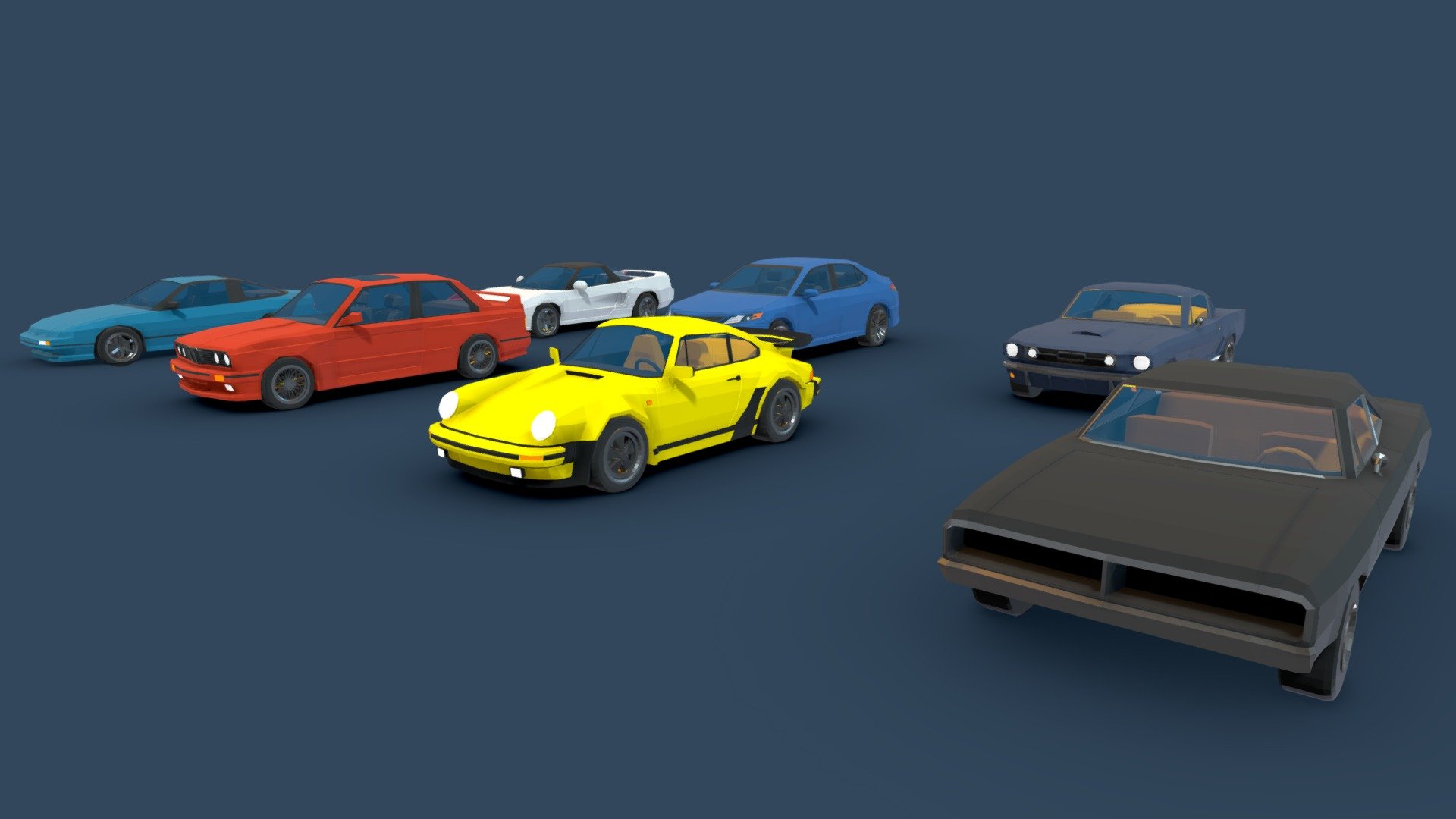 Buy: https://apokalips123.itch.io/lowpoly-cars-pack
pack of 7 low poly cars for your games and projects.




Toyota Camry 2016

Ford Mustang GT Fastback 1965

Porsche 911 Turbo 930 1975

Dodge Charger 1969 

BMW M3 E30

Honda NSX

Nissan 180SX

Each model has separate wheels and some low poly interior.
Blender file included