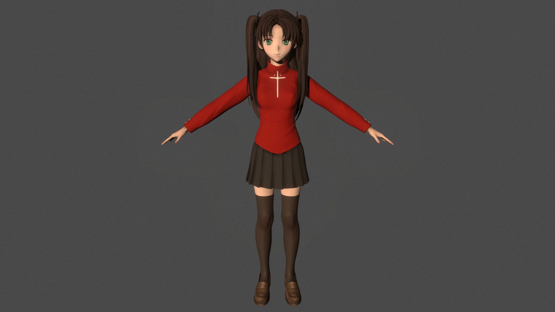 T-pose rigged model of anime girl Rin Tohsaka (Fate Stay Night).

Body and clothings are rigged and skinned by 3ds Max CAT system.

Eye direction and facial animation controlled by Morpher modifier / Shape Keys / Blendshape.

This product include .FBX (ver. 7200) and .MAX (ver. 2010) files.

3ds Max version is turbosmoothed to give a high quality render (as you can see here).

Original main body mesh have ~7.000 polys.

This 3D model may need some tweaking to adapt the rig system to games engine and other platforms.

I support convert model to various file formats (the rig data will be lost in this process): 3DS; AI; ASE; DAE; DWF; DWG; DXF; FLT; HTR; IGS; M3G; MQO; OBJ; SAT; STL; W3D; WRL; X.

You could purchase my model at: bit.ly/41y1JDe

And I can make commission models.