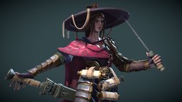 Swordswoman Headhunter || Game Ready Character dae, blood, hat, armor, japan, hunter, fight, samurai, scrolls, serious, feudal, battle, swords, wanderer, bounty, headhunter, howest, huntress, swordswoman, maya, character, game, zbrush, gameready, noai