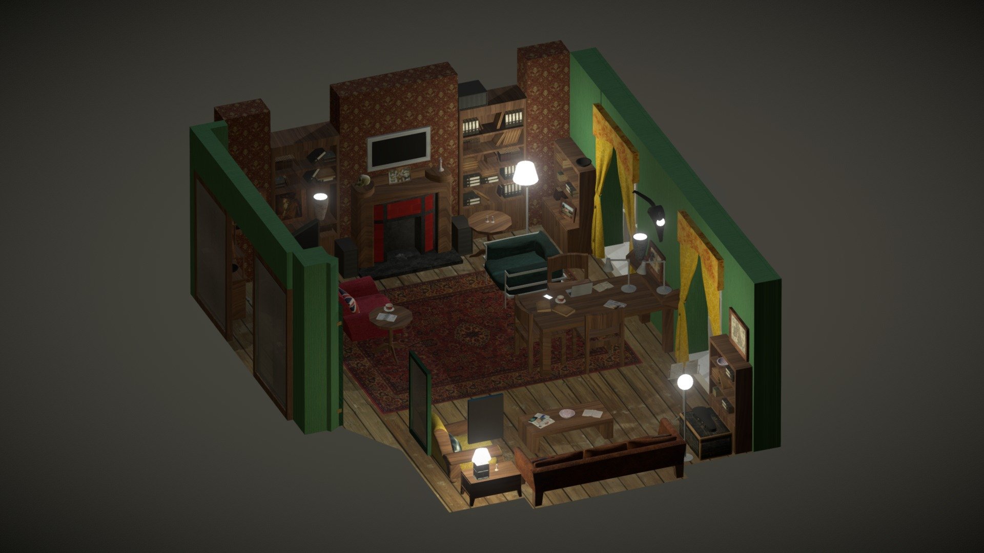 An Isometric Room view. Based on the sitting room in Sherlock Holmes' apartment, in the BBC TV series &lsquo;Sherlock', located at 221B Baker Street, London, England.