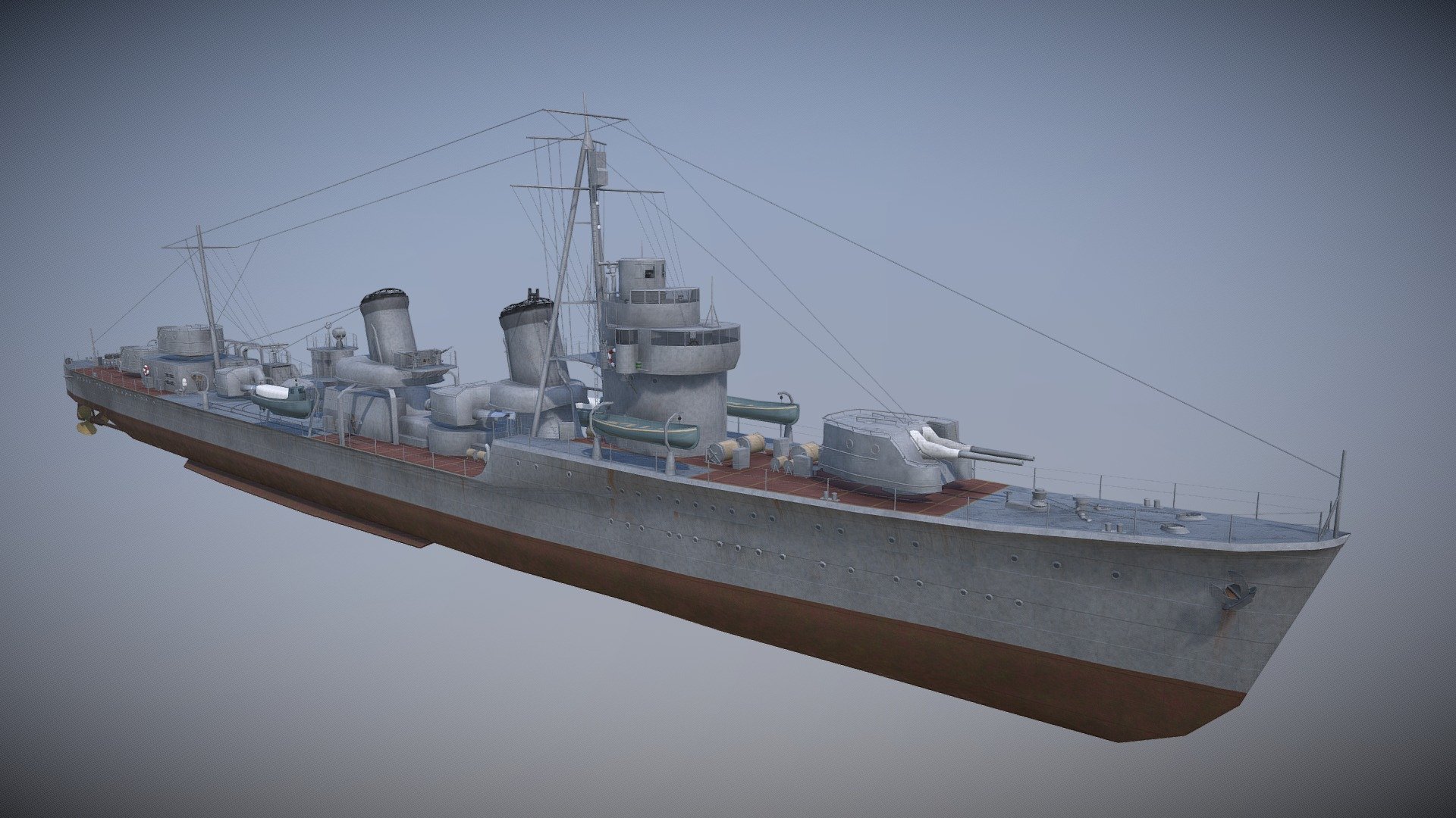 It's almost a year ago that I uploaded my first ship model, the IJN Fubuki, so I decided to make one of her more advanced sister ships: The IJN Ayanami.

The Ayanami was build for the Imperial Japanese Navy and when introduced into service she was one of the most powerful destroyer in the world. 
She sustained critical damage after being shelled by the USS Washington during the second phase of the Battle of Guadalcanal (15 November 1942) and was later scuttled by IJN Uranami.

(reuploaded on 11/21/2021 with remodelled bridge, new textures for hull and boats)