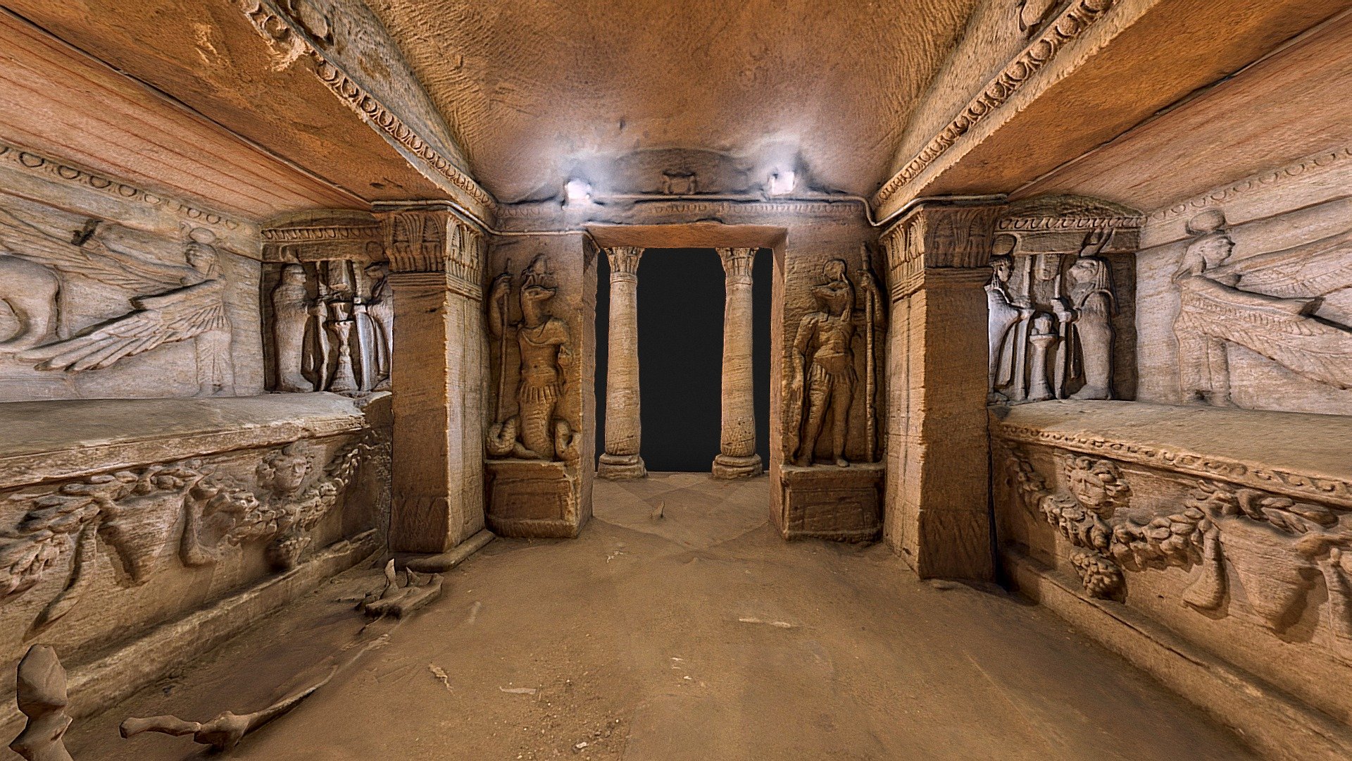 Catacombs of Kom El Shoqafa

The necropolis consists of a series of Alexandrian tombs, statues and archaeological objects of the Pharaonic funerary cult with Hellenistic and early Imperial Roman influences. Due to the time period, many of the features of the catacombs of Kom El Shoqafa merge Roman, Greek and Egyptian cultural points; some statues are Egyptian in style, yet bear Roman clothes and hair style whilst other features share a similar style.