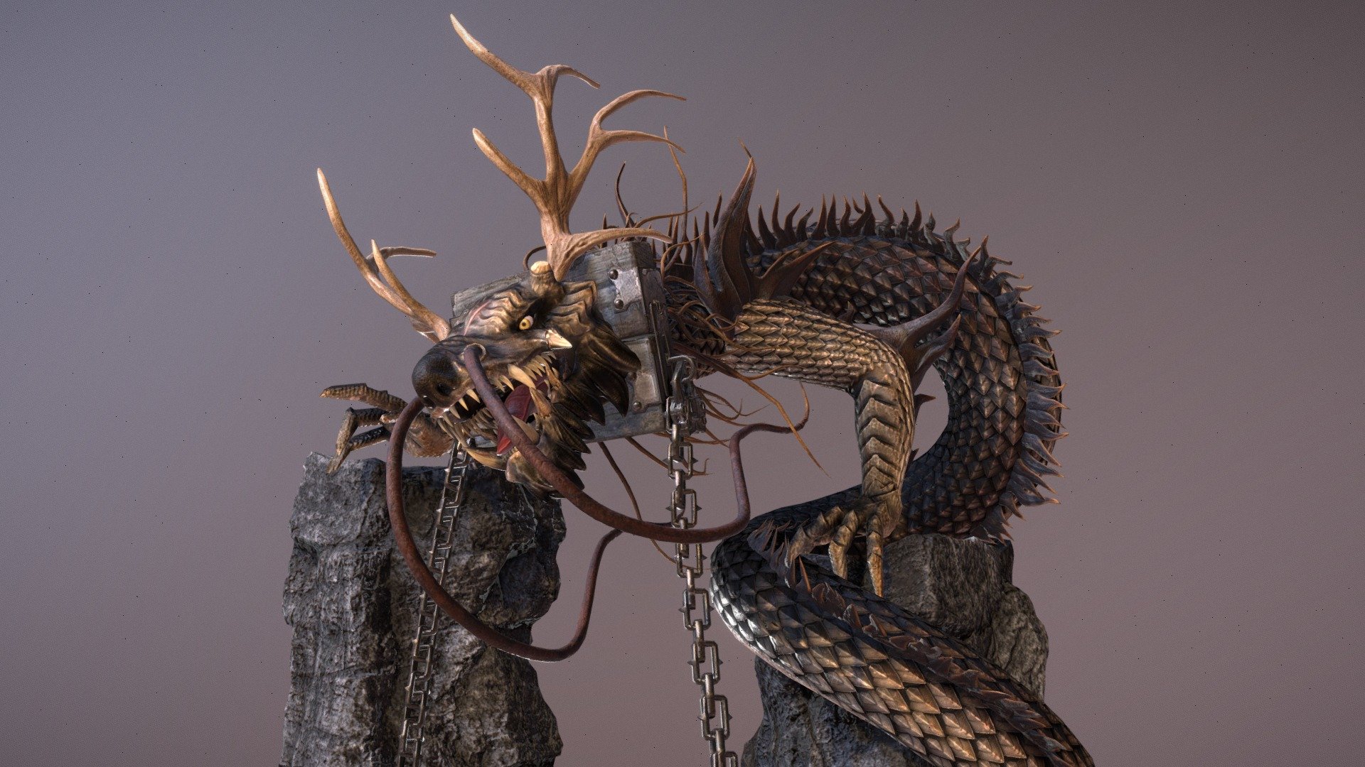 A japnenese inspired serpent dragon design. A sculpture on which I tried new brushes and tools. It came out cool enough that I decided to do a quick retopology and paint the whole thing.