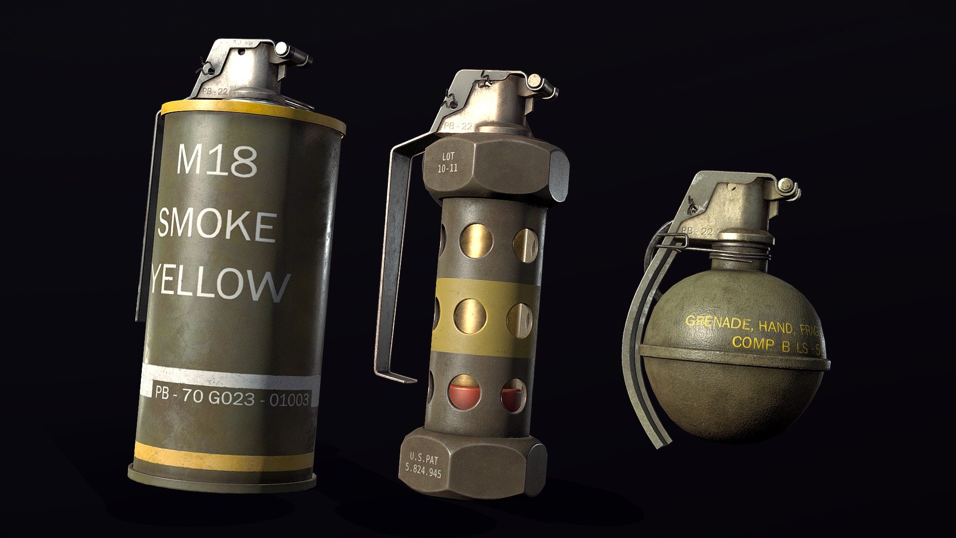 Click to see some spicy renders on my artstation


A small set of Grenades including: M67 FRAG, M18 SMOKE and M 87 STUN

These were made for the purposes of learning fusion 360 and its workflow to game ready assets.