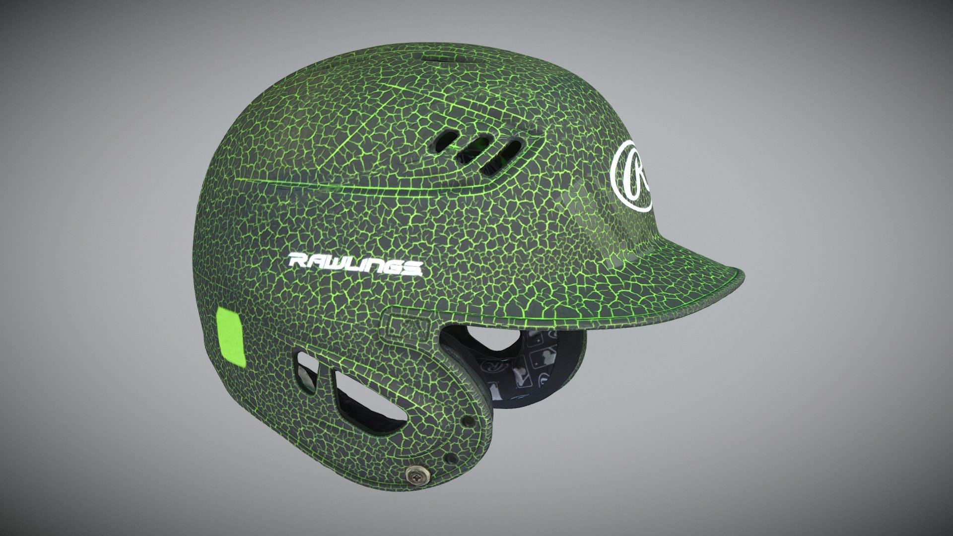 3D-scanned baseball batting helmet

Cleaned and retoplogized and reprojected in ZBrush and all the textures are 8192x8192 pixels
